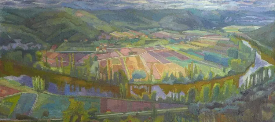 An oil painting of fields and a river