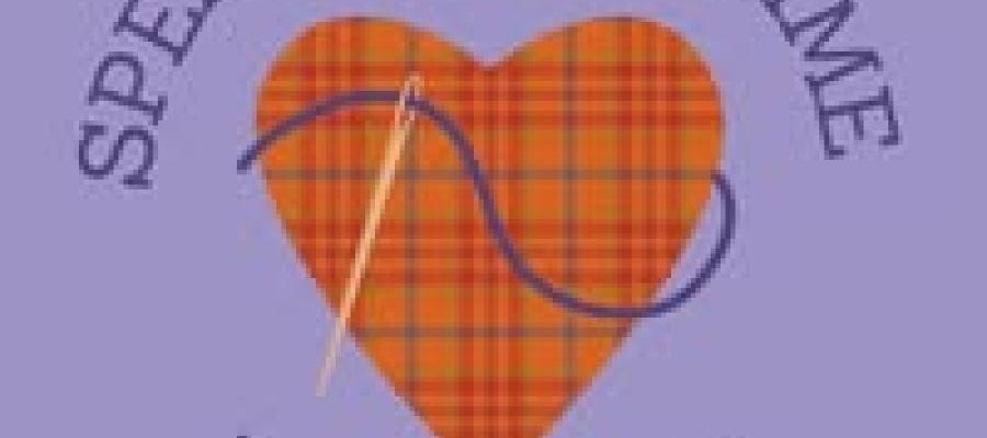 "speak their name lothains" written around a tartan heart with a thread and needle through it