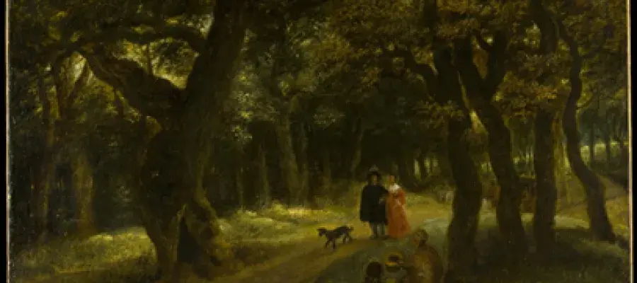 a painting if tow people walking in a forest