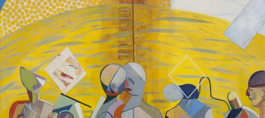 an abstract painting of naked people in front of a yellow background