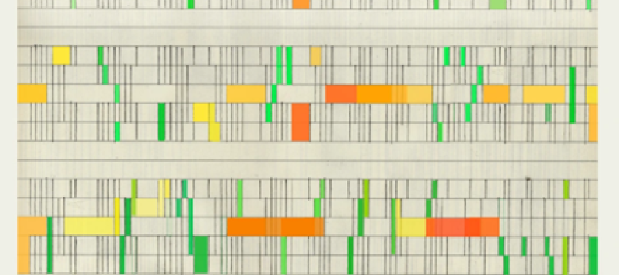 a pathwork of orange green and red rectangles on a white background
