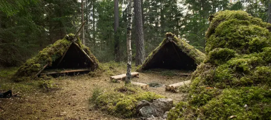 a campsite of small huts built from wood and moss