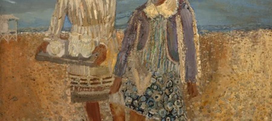 a painting of two woman on a beach 