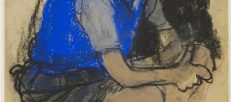 a coloured sketch of a schoolboy sitting down