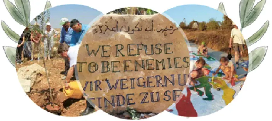 3 circles showing people digging, children playing and "we refuse to be enemies" written on wood in3 different languages