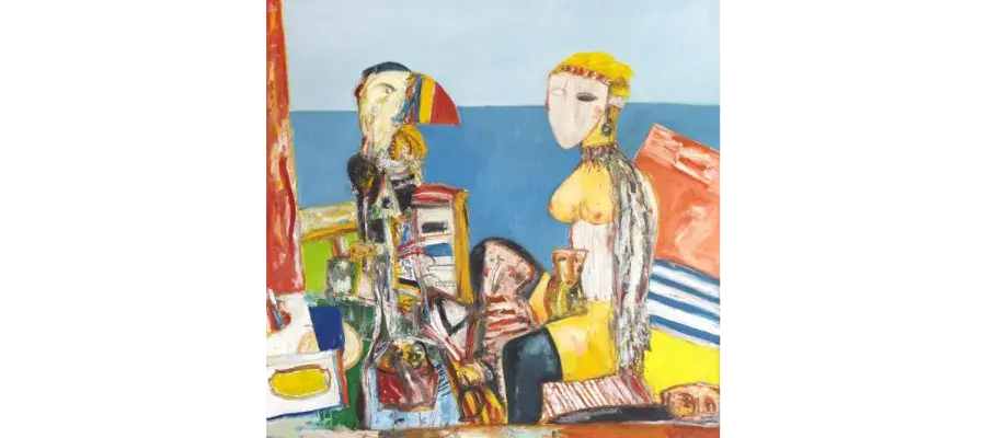 an abstract painting of two people on a beach