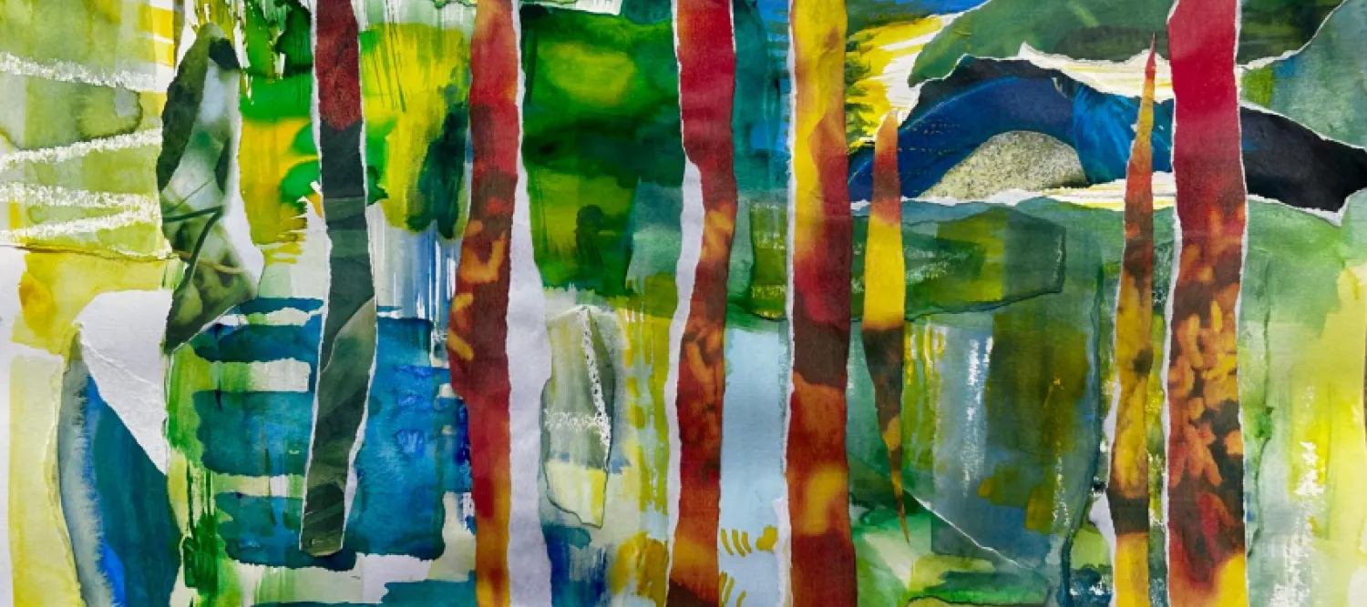 an abstract painting of greens and ret and yellow rectangles 