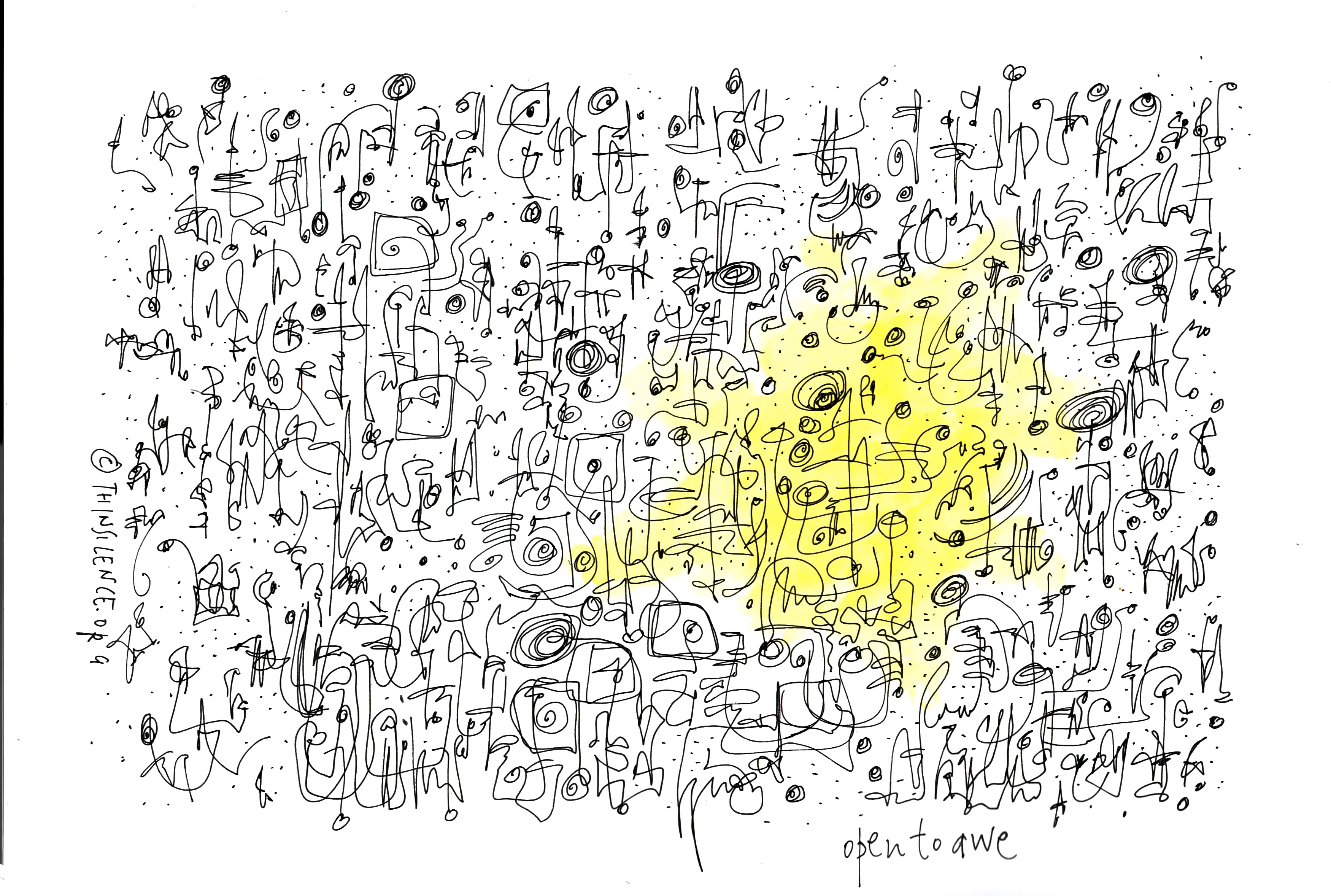 A black and white doodle, with a yellow patch in the right hand corner. At the bottom of the doodle is the text: open to awe