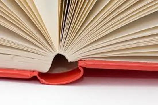 Photograph of pages of a book and the spine of the book. 