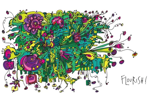 a messy doodle of green grass and purple and yellow flowers