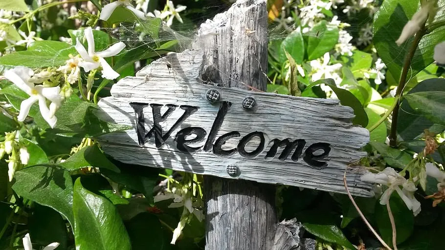 A wooden sign with the text Welcome carved into it - the sign is surround my green plants