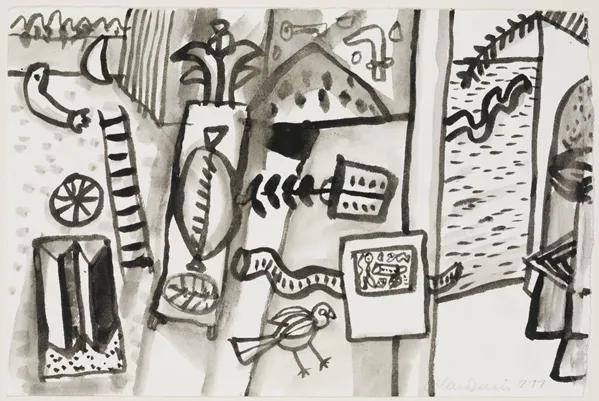 an abtract black and white drawing featuring a bird and other items.