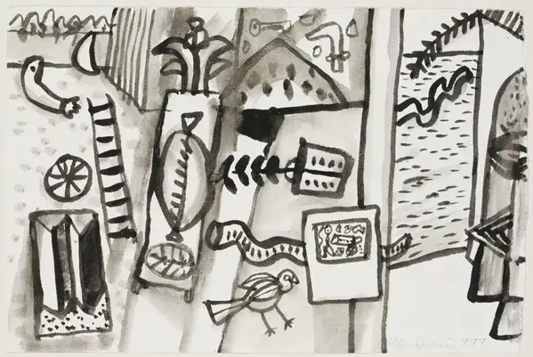 an abtract black and white drawing featuring a bird and other items.
