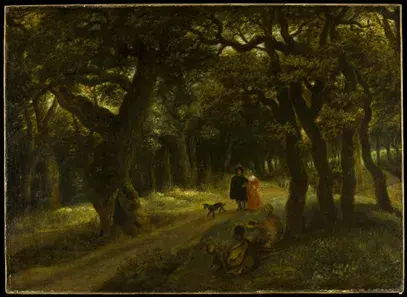 a painting if tow people walking in a forest