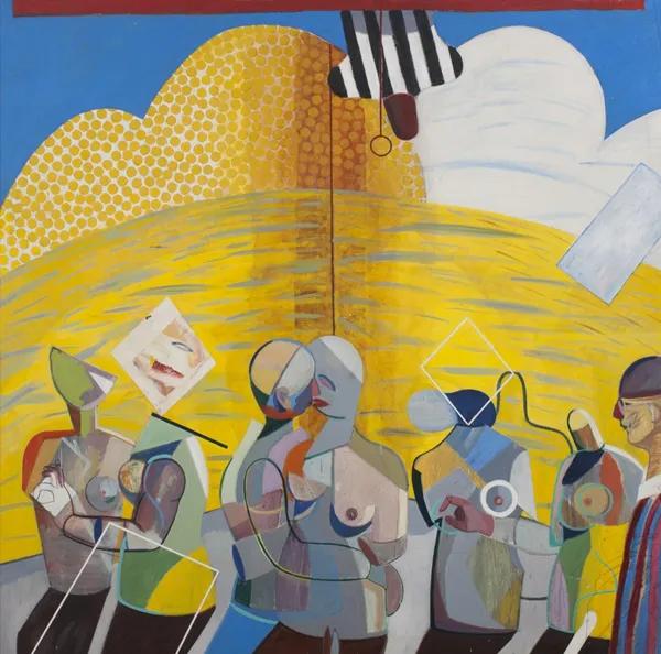an abstract painting of naked people in front of a yellow background