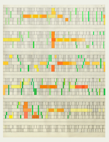 a pathwork of orange green and red rectangles on a white background