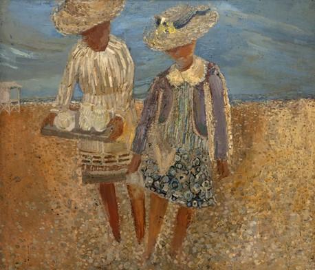 a painting of two woman on a beach 