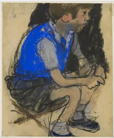 a coloured sketch of a schoolboy sitting down