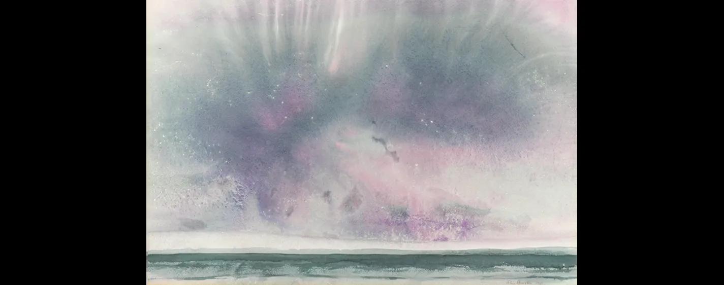 a painting of a shore line using greys and purples