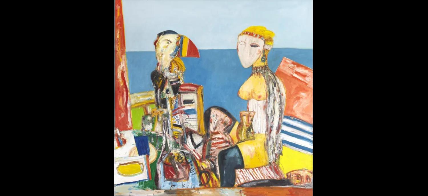an abstract painting of two people on a beach