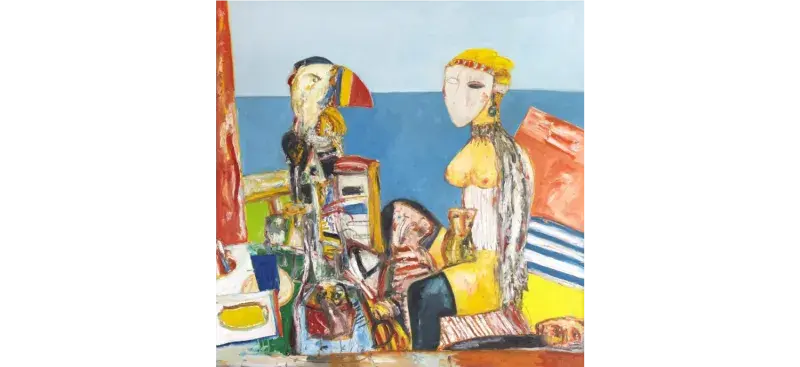 an abstract painting of two people on a beach