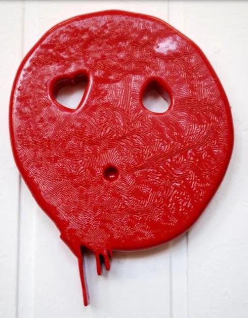 The expression on the bright red plaster ‘face’ is unnervingly elusive. The puckered mouth and wide-eyes can be equally read as displaying fear, sadness or anxiety, whilst the colour choice is equally suggestive of blushed embarrassment and broiling rage. Hughes has poured paint directly from the tin, resulting in a warped appearance; the dripping chin of Red Faced suggests something altogether unfixed and unstable. Awarded Art Collections Purchase Prize 2014