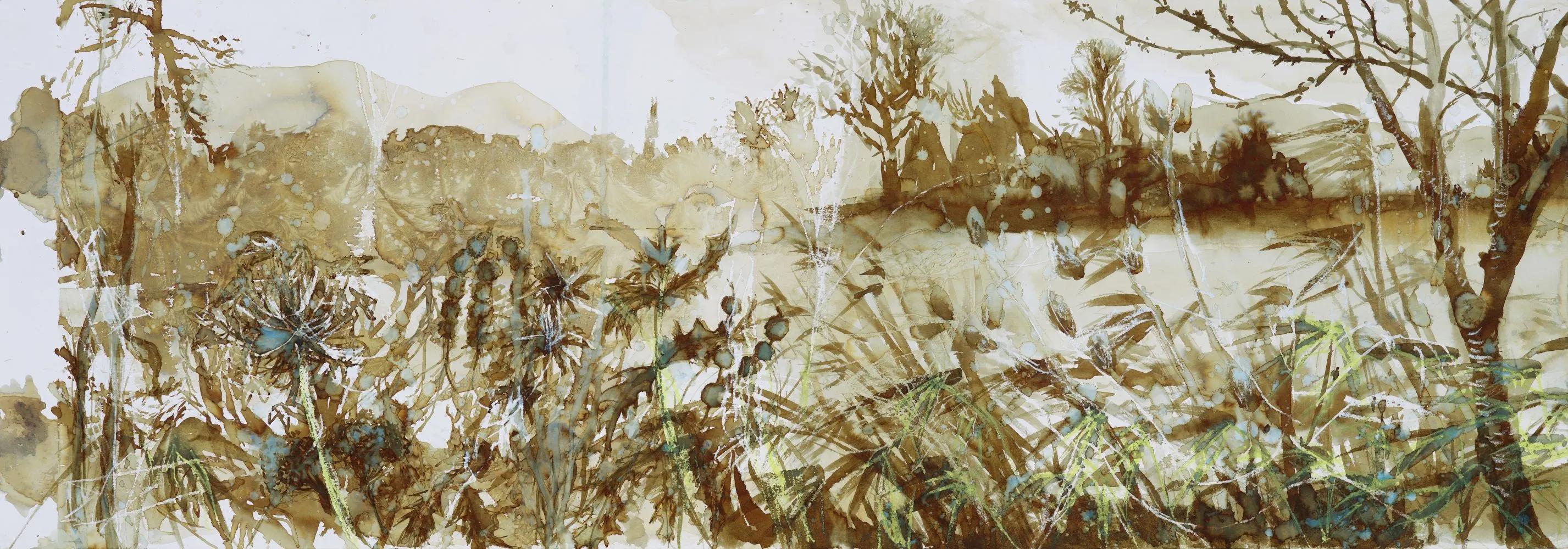 a painting of reeds on a river bank
