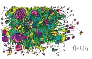 A purple, green and yellow doodle with the text "Flourish!" beside it. 