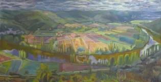 An oil painting of fields and a river