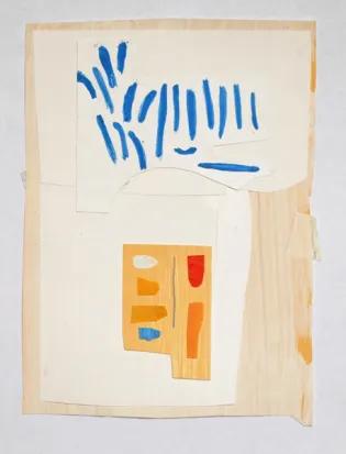 an abstract painting showing rectangles overlapping with blue ones at the top