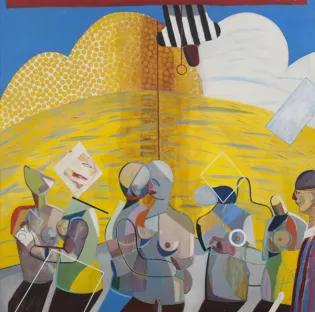 an abstract painting of naked people in front of a yellow background