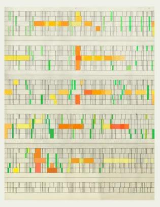 a pathwork of orange green and red rectangles on a white background