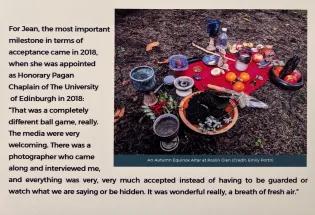 A photo of a picnic with the text "for jean, the most important milestone in terms of acceptance came in 2018 when she was appointed as Honorary Pagen Chaplain in 2018: "that was a completely different ball game, really. The media were very welcoming. There was a photographer who came along and interviewed me, and everything was very, very much accepted instead of having to be guarded or watch what we were saying or be hidden. It was wonderful really, a breath of fresh air". ""