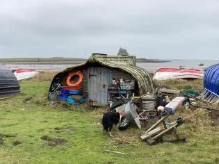a small shack in a grassy shore