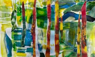 an abstract painting of greens and ret and yellow rectangles 