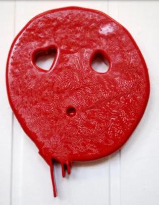 The expression on the bright red plaster ‘face’ is unnervingly elusive. The puckered mouth and wide-eyes can be equally read as displaying fear, sadness or anxiety, whilst the colour choice is equally suggestive of blushed embarrassment and broiling rage. Hughes has poured paint directly from the tin, resulting in a warped appearance; the dripping chin of Red Faced suggests something altogether unfixed and unstable. Awarded Art Collections Purchase Prize 2014
