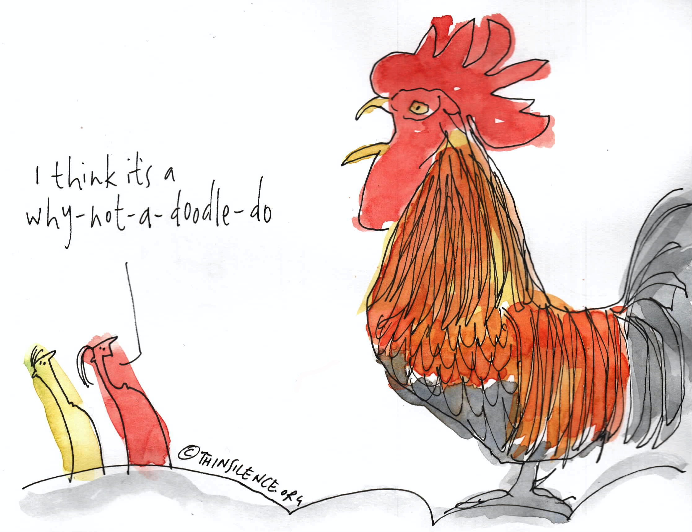 A doodle of a chicken with some doodles of people saying \"I think its a why not a doodle do\"