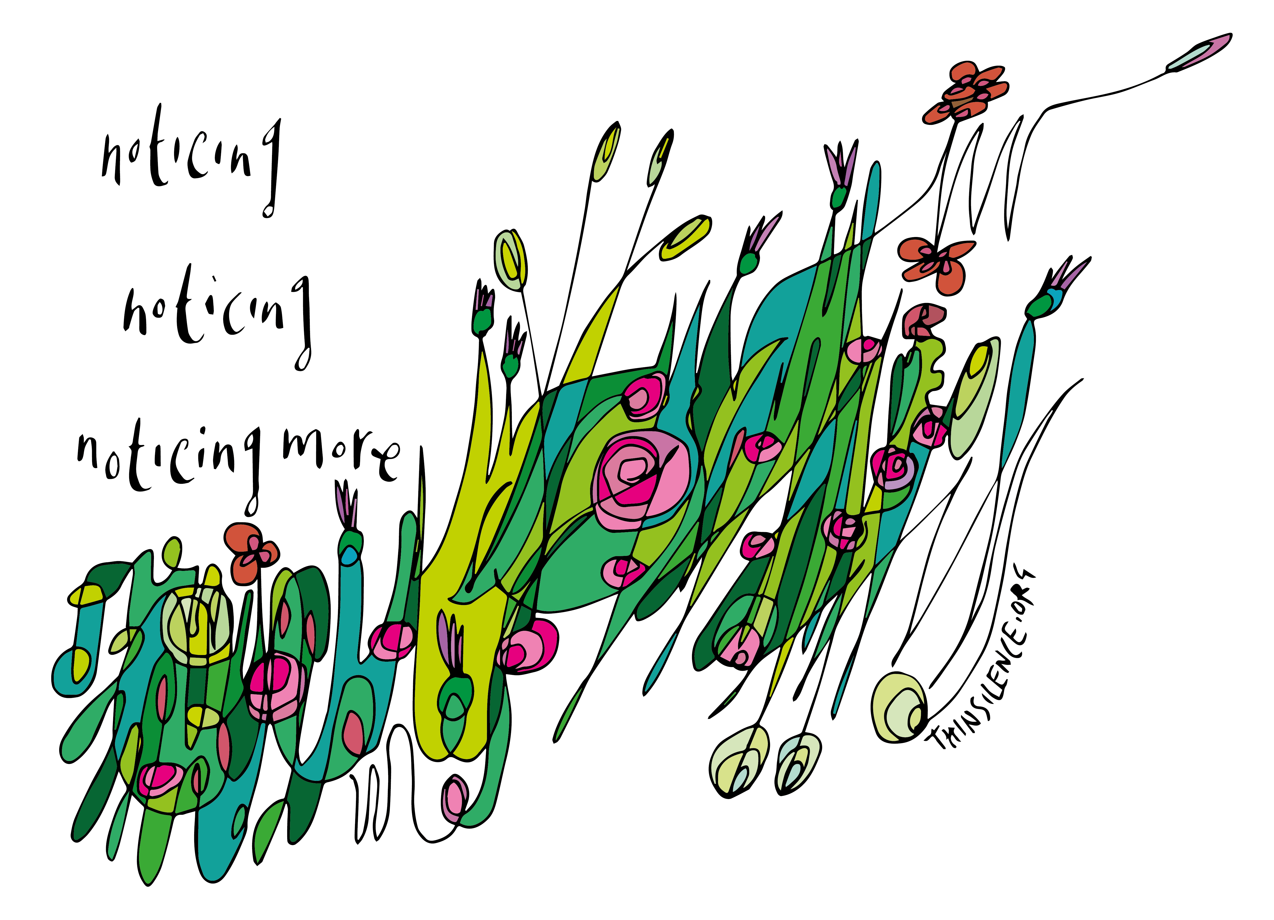 Green, yellow and pink doodle showing flowers in long grass. The text beside this is: noticing, noticing and noticing more. 