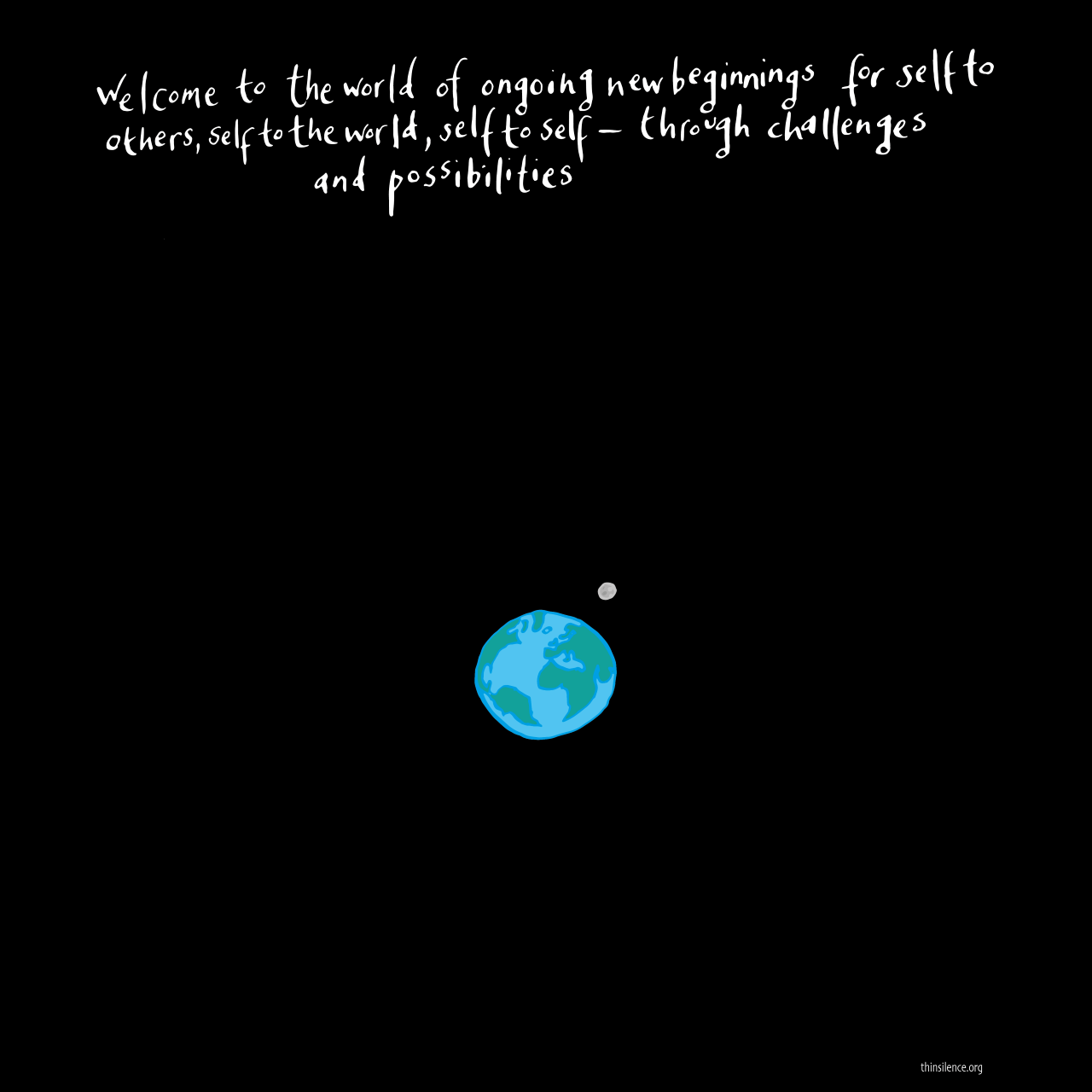 A doodle of earth from a distance, surrounded by a black background with the text: Welcome to the world of ongoing new beginnings for self to others, self to the world