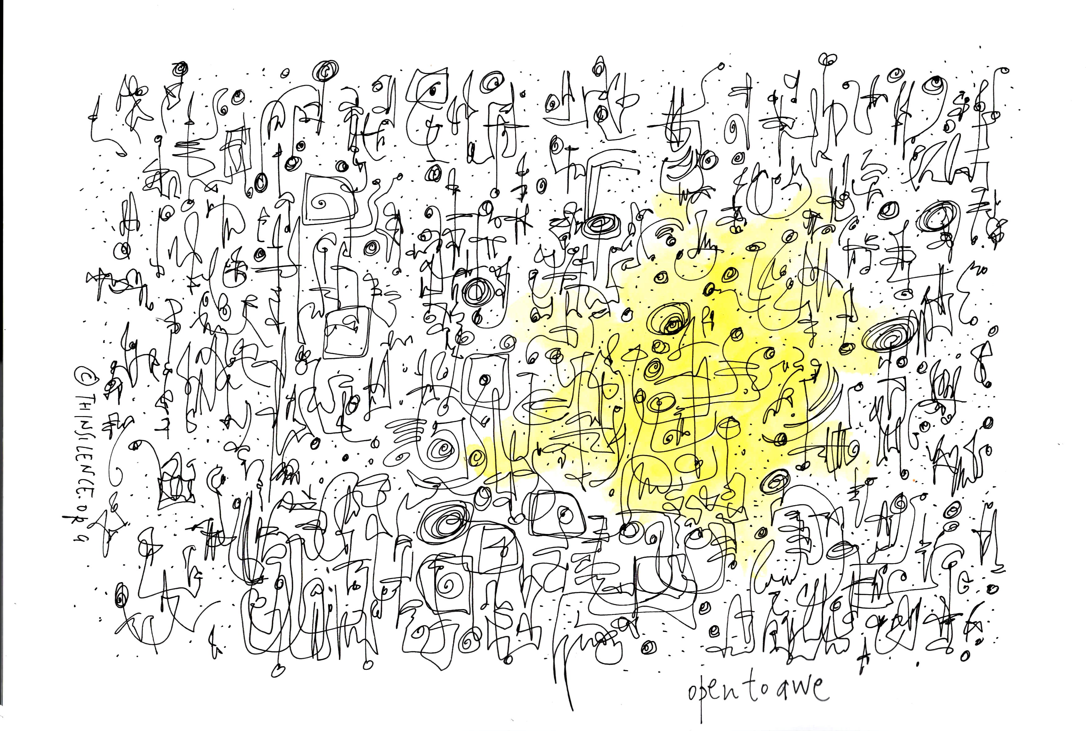 A black and white doodle, with a yellow patch in the right hand corner. At the bottom of the doodle is the text: open to awe