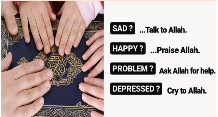 Image of hands: with the text \"Sad? Talk to Allah. Happy? Talk to Allah. Problem? Ask Allah for help. Depressed? Cry to Allah