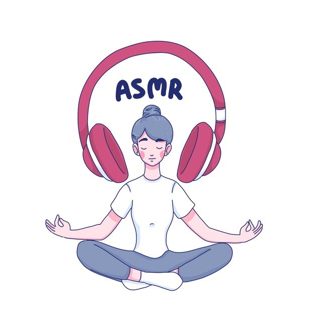 Drawing of a woman sitting crossed legged. Above her head is a large pair of pink headphones with the text \"ASMR\". 