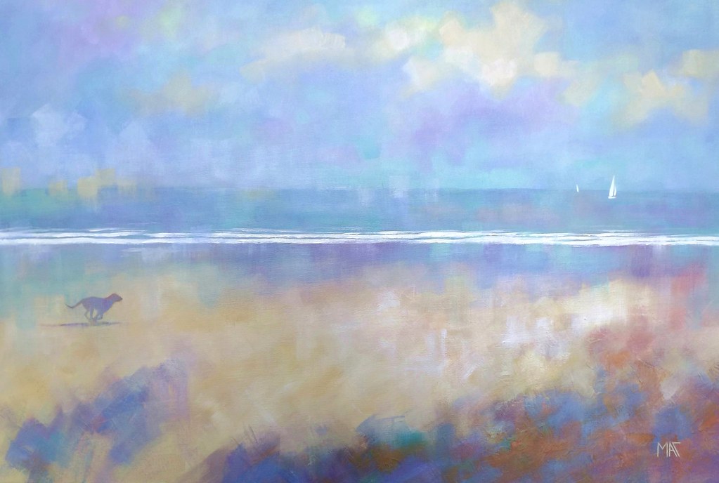 Image of a watercolour painting of a beach, in the foreground you can see a black dog running along the beach. In the middle of the painting there is the white waves as the water meets the sand, and in the distance there are white boats sailing on the water. 