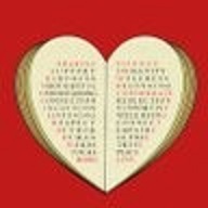 Red background, with a beige heart. On the heart there is writing on either side which makes it look like a book. 