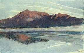 Painting by John Ruskin called \"Dawn, Coniston\". In the foreground of the painting there is a body of blue water, above are two hills. 