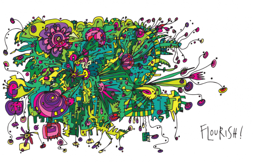 a messy doodle of green grass and purple and yellow flowers