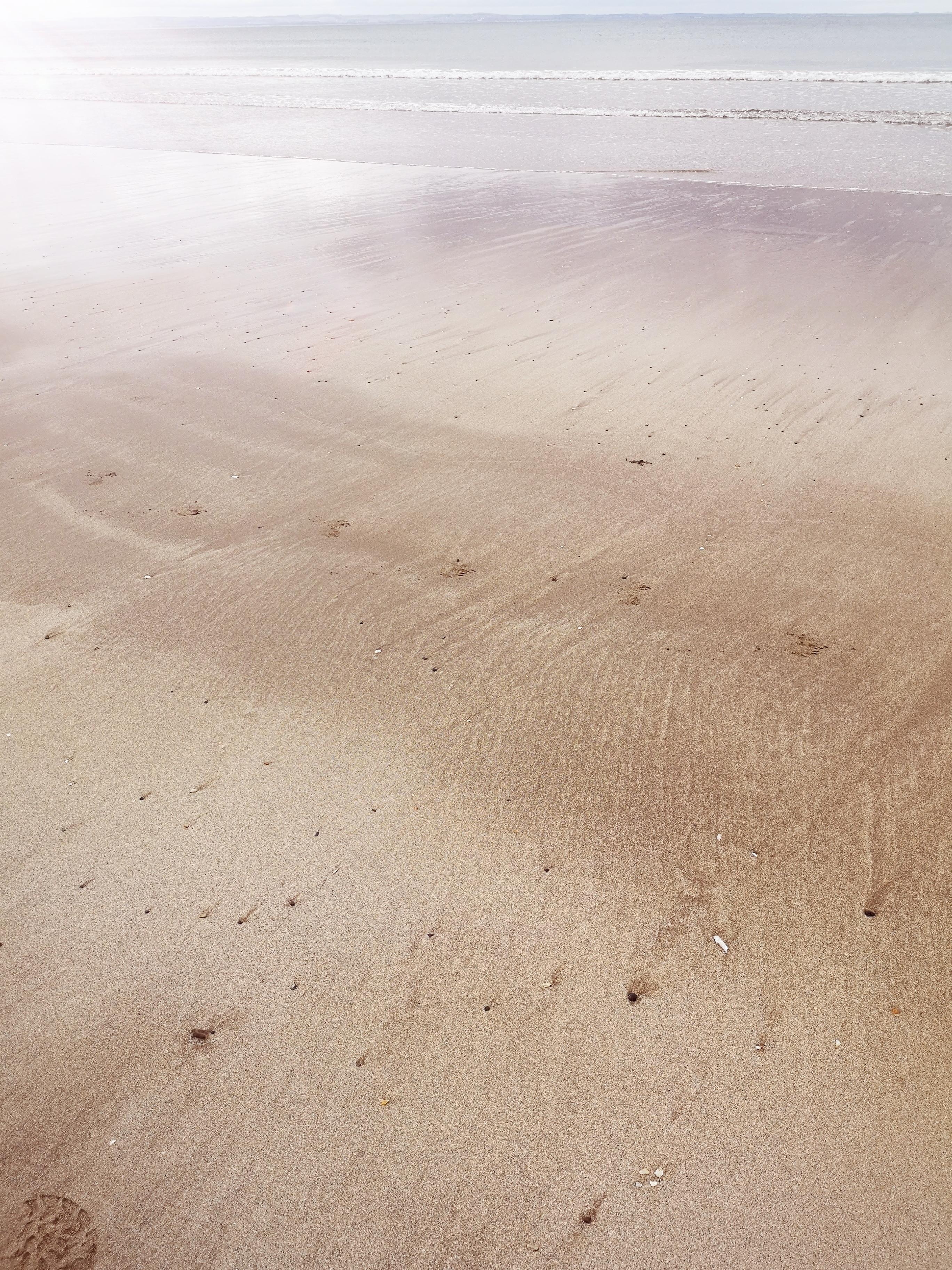 Photograph of the sand at Yellowcraigs beach. The sand is being blown around by the wind and in the distance there is the sea