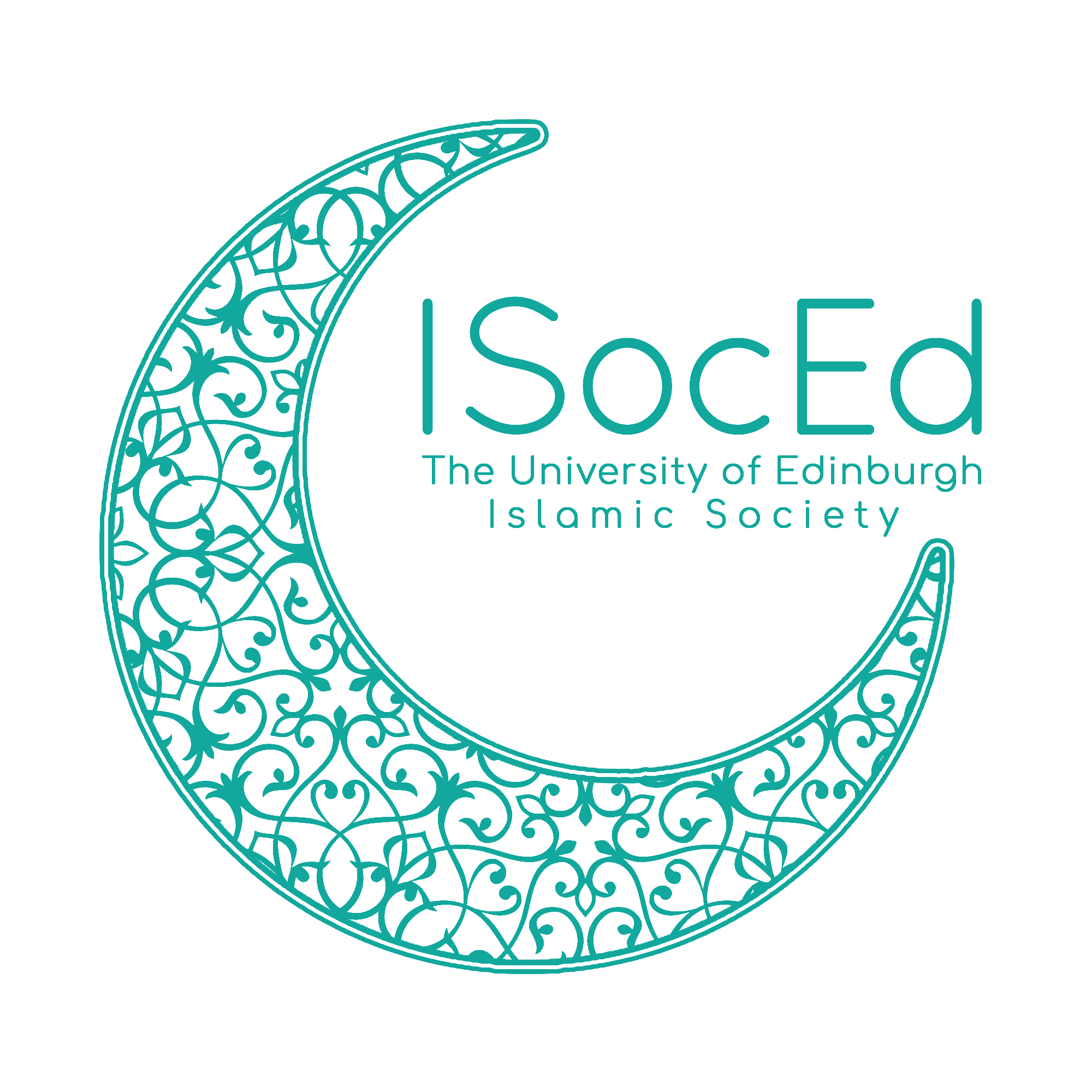 A green and white crescent moon with green text beside it reading: ISocEd The University of Edinburgh Islamic Society