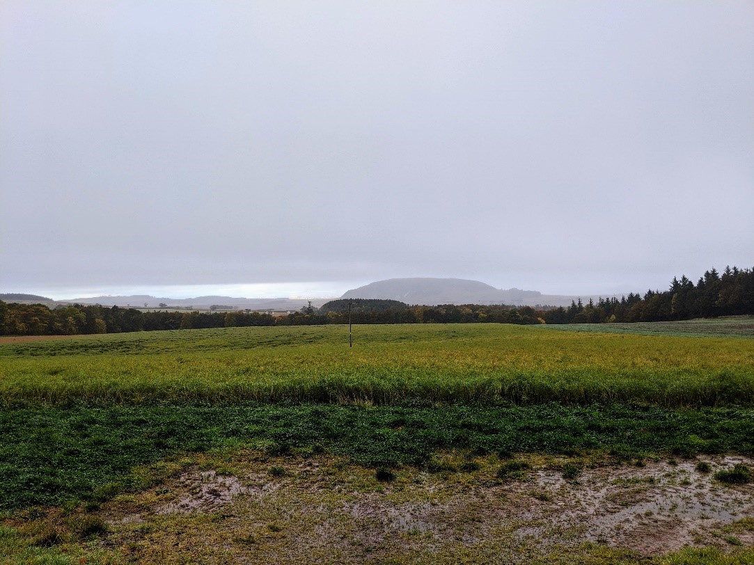 Photograph of fields, trees and hills in the distance. Overhead there is dark grey skies and the hill in the background is almost obscured by the low cloud.