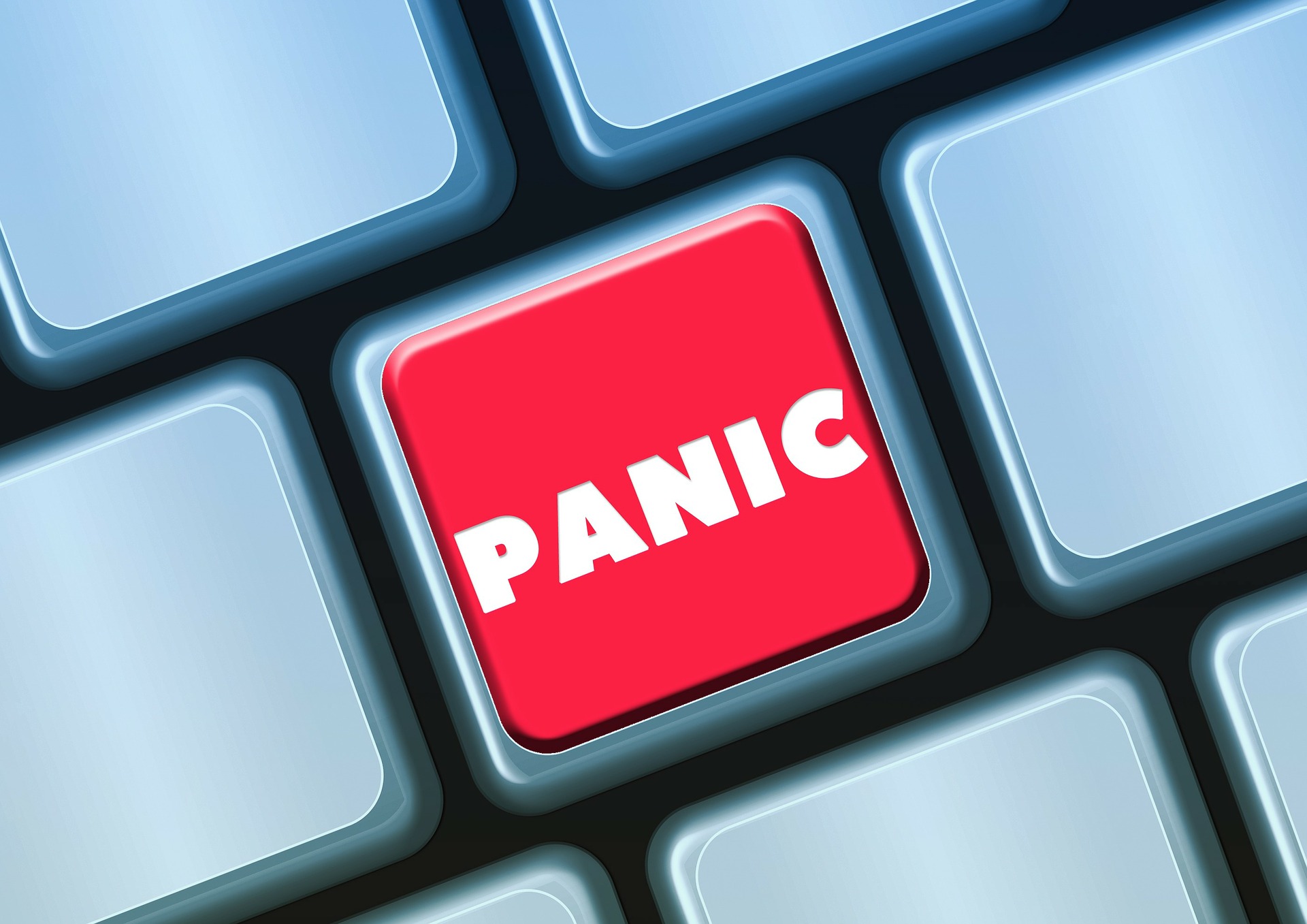 Image of a red button on a keyboard with the text Panic on the red button.